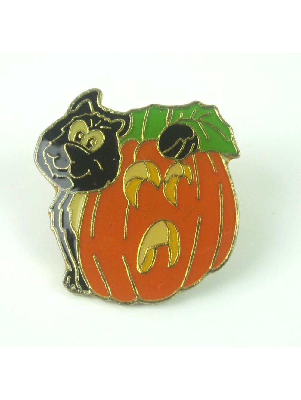 Vintage Halloween Enamel Pin Black Cat Orange Pumpkin Jack O Lantern Gold Tone